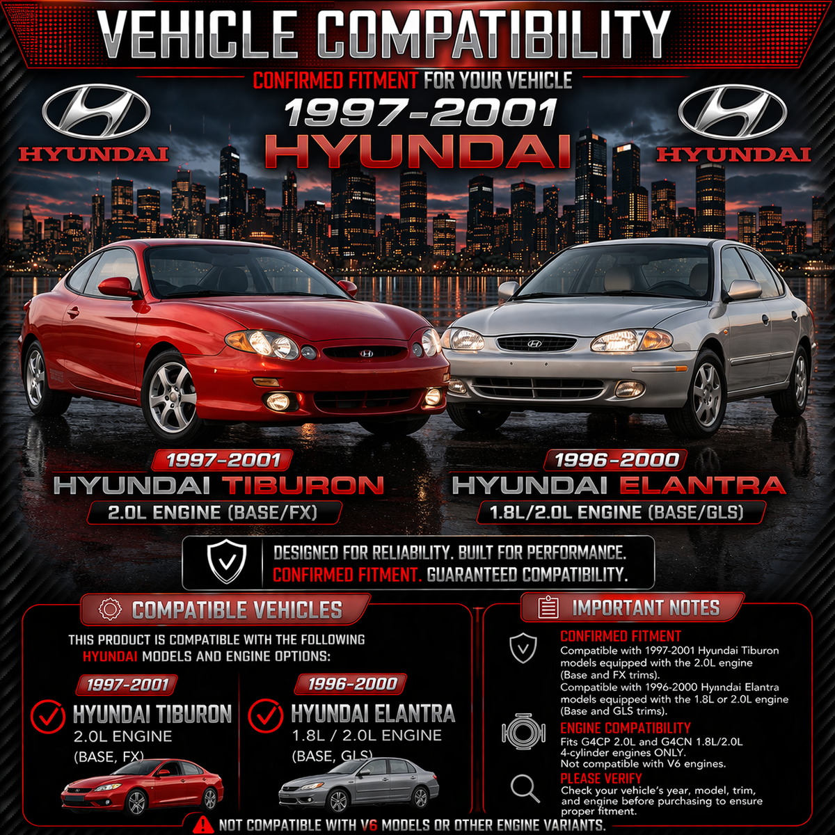 CI-HY-01 cold air intake fitment chart: 1996-2001 Hyundai Tiburon, Elantra