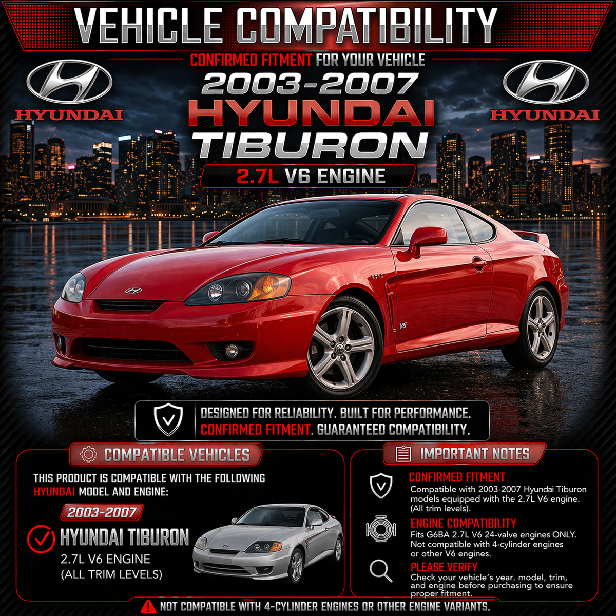 CI-HY-02 cold air intake fitment chart: 2003-2007 Hyundai Tiburon 2.7L V6
