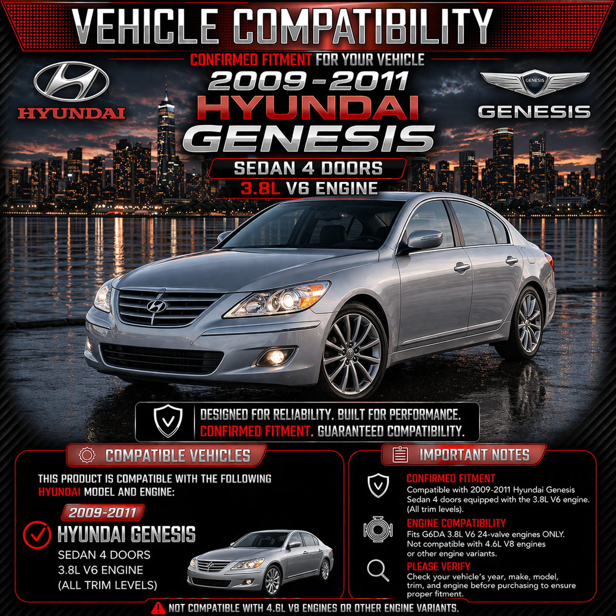 CI-HY-03 cold air intake fitment chart: 2009-2011 Hyundai Genesis 3.8 V6 Sedan ONLY