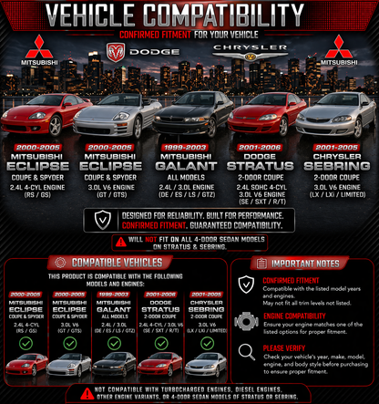 CI-MT-02 cold air intake fitment chart: Mitsubishi Eclipse/Galant/Stratus/Sebring 2.4 3.0
