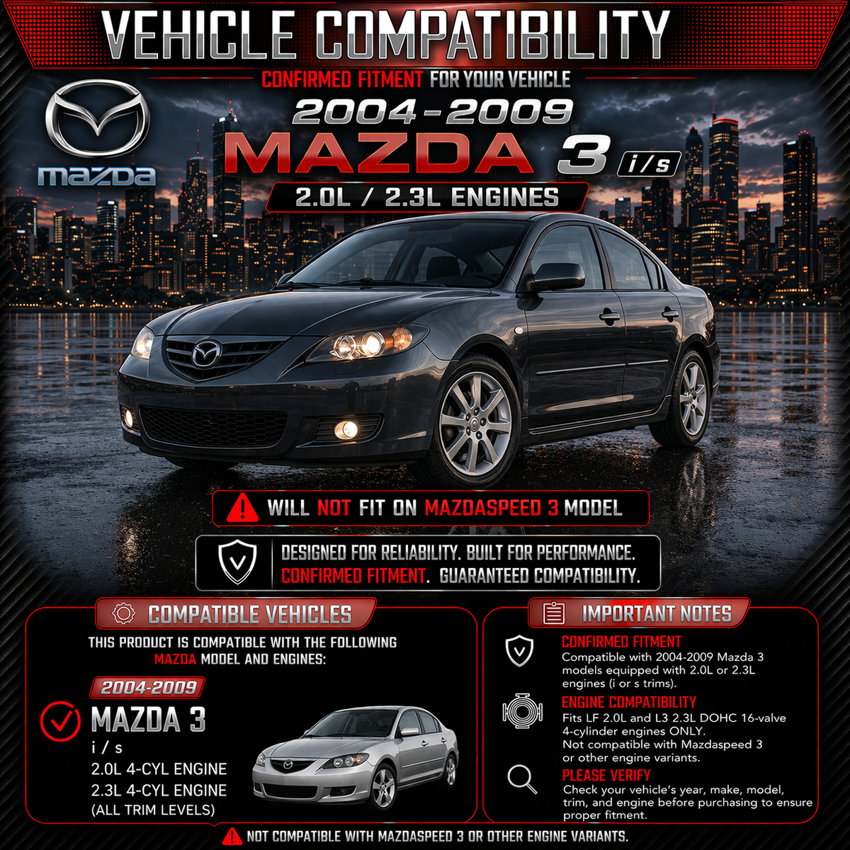 CI-MZ-02 cold air intake fitment chart: 2004-2009 Mazda 3 2.0L 2.3L