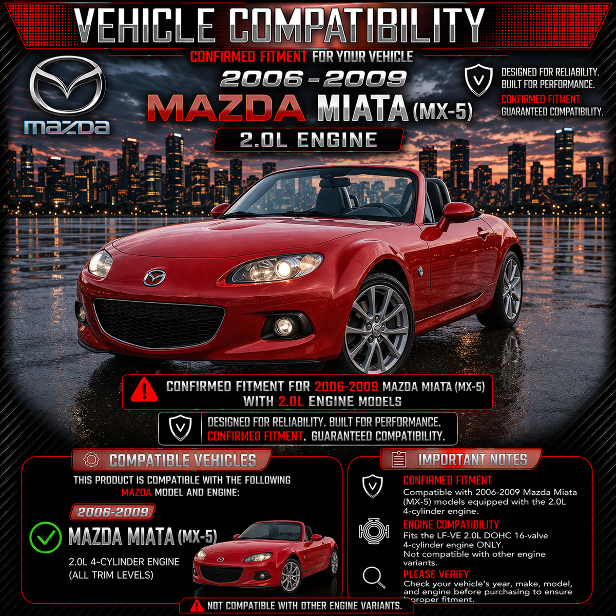 CI-MZ-08 cold air intake fitment chart: 2006-2009 Mazda Miata/MX-5 2.0L