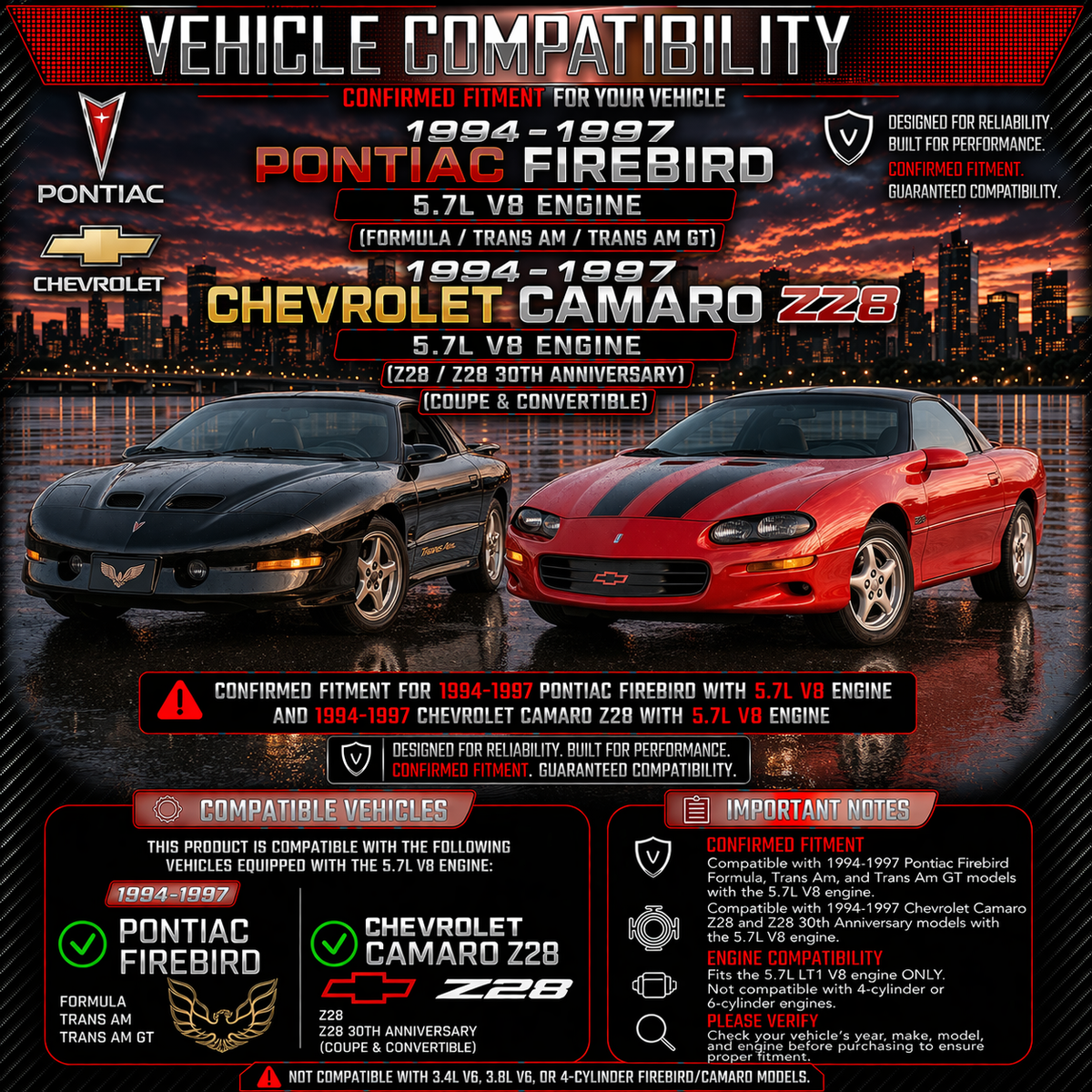 CI-PT-03 cold air intake fitment chart: 1994-1997 Pontiac Camaro Z28 & Firebird 5.7 V8