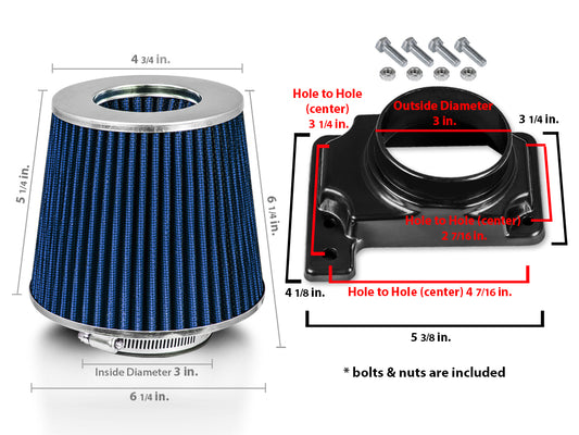Air Intake Adapter & Filter For 2000-2005 Eclipse 2.4 3.0 & 1995-1999 2.0 Turbo | Rtunes Racing | BLUE FAKIT-MITSBL-01