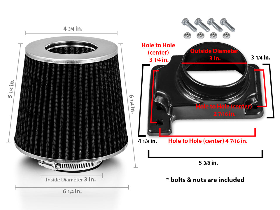 Air Intake Adapter & Filter For 2000-2005 Eclipse 2.4 3.0 & 1995-1999 2.0 Turbo | Rtunes Racing | BLACK FAKIT-MITSCK-01