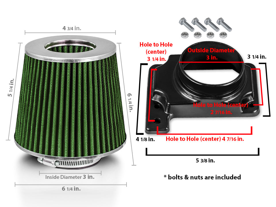 Air Intake Adapter & Filter For 2000-2005 Eclipse 2.4 3.0 & 1995-1999 2.0 Turbo | Rtunes Racing | GREEN FAKIT-MITSGN-01