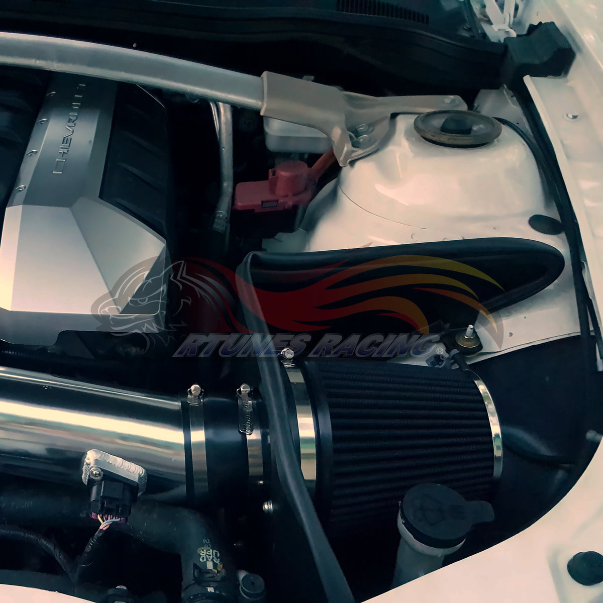 Rtunes Racing HI-CH-06 heat shield cold air intake installed in engine bay