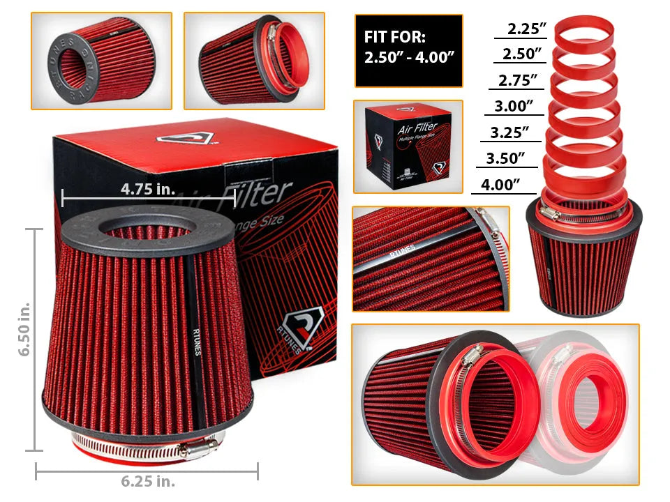 Rtunes RED 2.25"-4" 63.5-102 mm Inlet Cone Air Filter | Rtunes Racing | RAFR