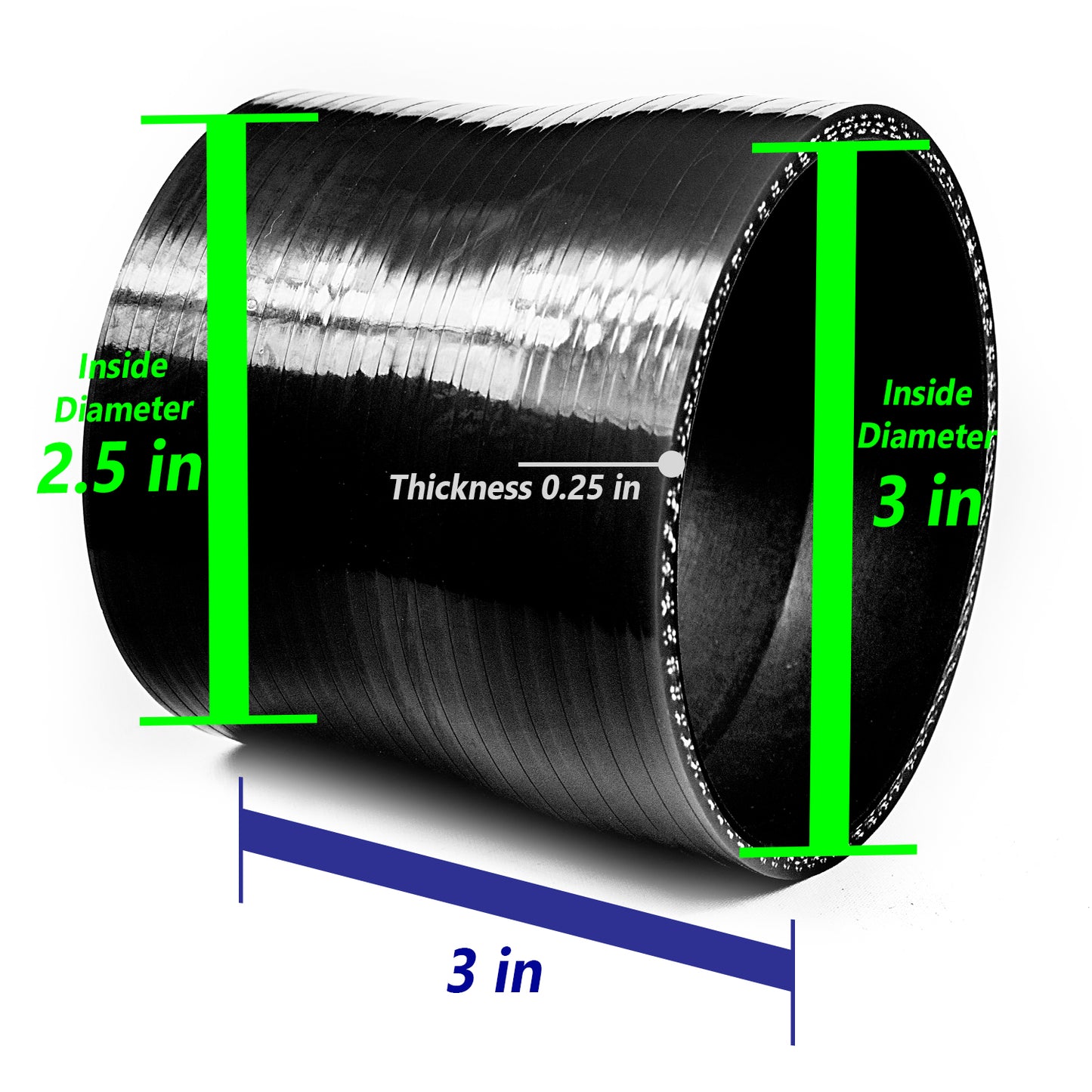 Black Silicone Coupler Hose 3"-2.5" inch (76mm to 63mm) with T-Bolt Clamps | Rtunes Racing | SH-SR76-63CK-TC