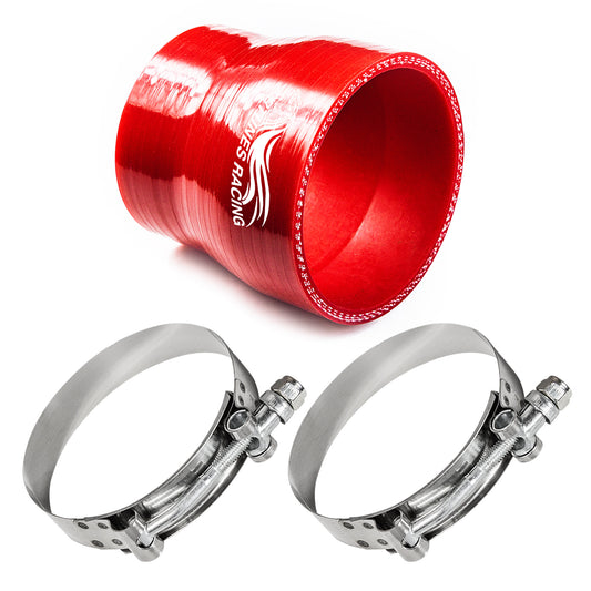 Red Silicone Coupler Hose 3"-2.5" inch (76mm to 63mm) with T-Bolt Clamps | Rtunes Racing | SH-SR76-63R-TC