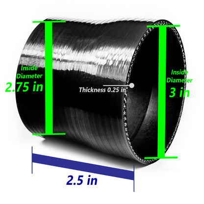 3"-2.75" inch (76mm to 70mm) Silicone Coupler Hose with T-Bolt Clamps | Rtunes Racing | BLACK SH-SR76-70CK-TC