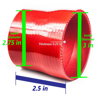 3"-2.75" inch (76mm to 70mm) Silicone Coupler Hose with T-Bolt Clamps | Rtunes Racing | RED SH-SR76-70R-TC