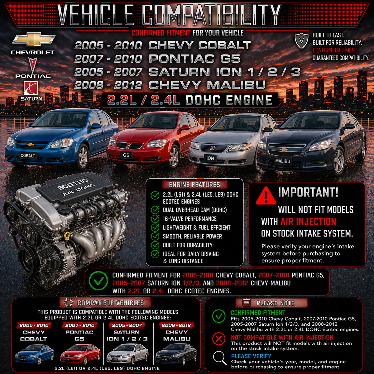 SI-CH-25 short ram intake fitment chart: 2005-2010 Chevy Cobalt, 2008-2012 Malibu, Saturn Ion, Pontiac G5 2.2L/2.4L