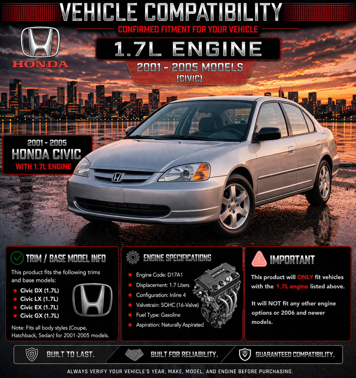 SI-HD-05 short ram intake fitment chart: 2001-2005 Honda Civic 1.7L