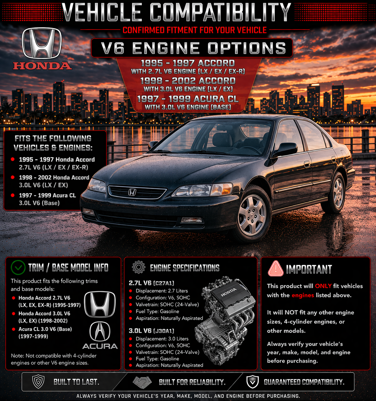 SI-HD-07 short ram intake fitment chart: 1995-2002 Honda Accord V6, 1997-99 Acura CL