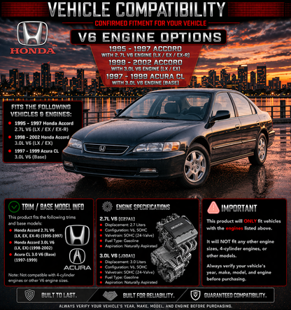 SI-HD-07 short ram intake fitment chart: 1995-2002 Honda Accord V6, 1997-99 Acura CL