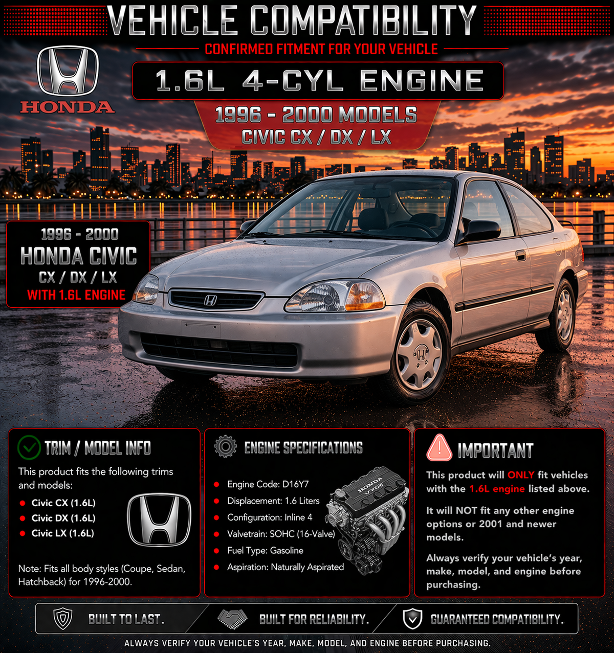 SI-HD-11 short ram intake fitment chart: 1996-2000 Honda Civic DX/LX/CX