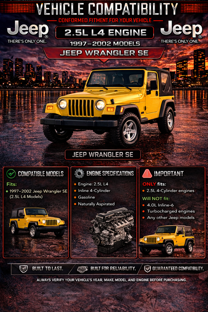 SI-JP-04 short ram intake fitment chart: 1997-2002 Jeep Wrangler SE 2.5L L4