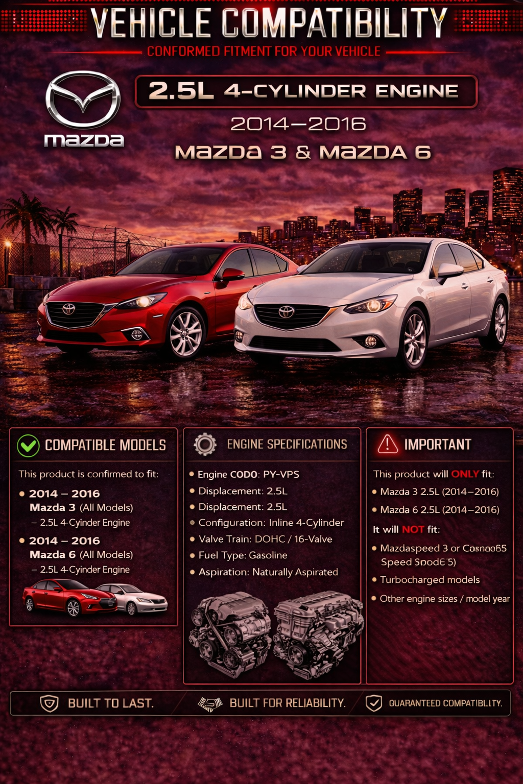 SI-MZ-07 short ram intake fitment chart: 2014-2016 Mazda 3, Mazda 6 2.5L L4