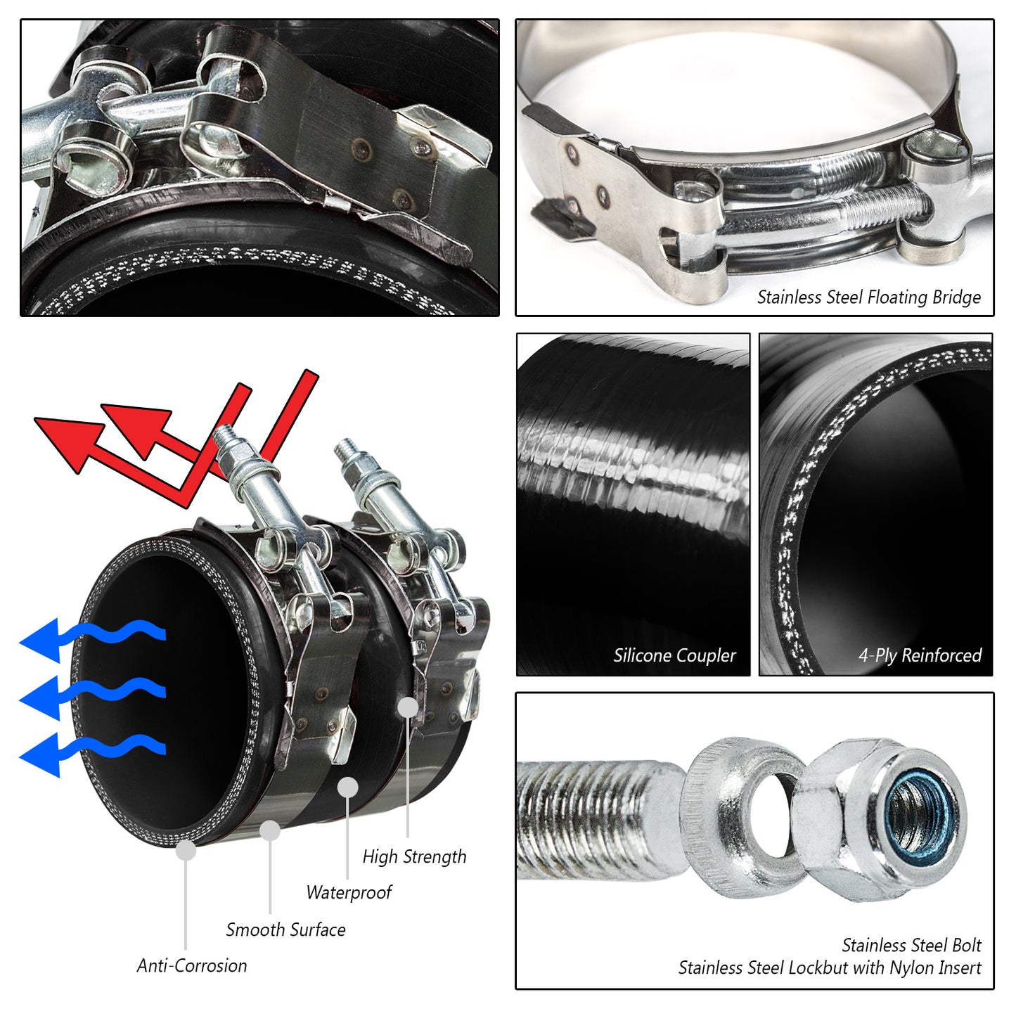 3" inch (76mm) Silicone Coupler Hose with T-Bolt Clamps | Rtunes Racing | BLACK SH-SCH76CK-TC