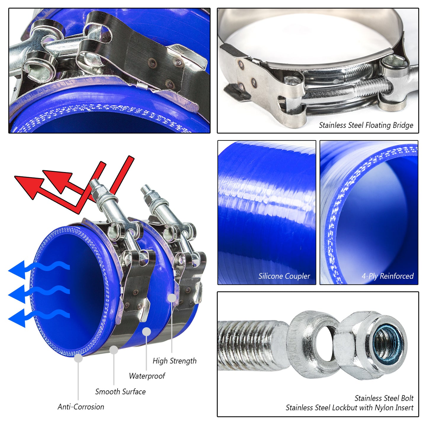 Blue Silicone Coupler Hose 3" inch (76mm) with T-Bolt Clamps | Rtunes Racing | SH-SCH76B
