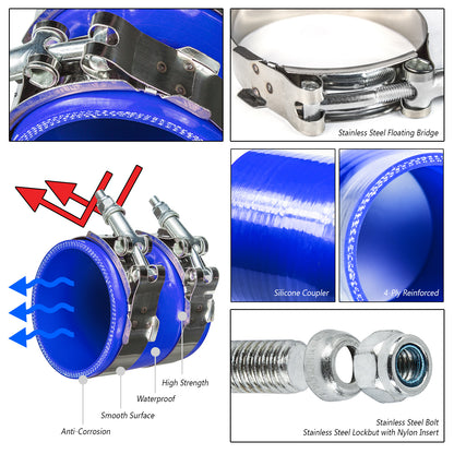 Blue Silicone Coupler Hose 3" inch (76mm) with T-Bolt Clamps | Rtunes Racing | SH-SCH76B