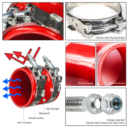 Red Silicone Coupler Hose 3" inch (76mm) with T-Bolt Clamps | Rtunes Racing | SH-SCH76R