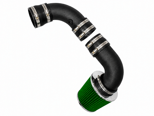 Black cold air intake pipe with a green conical air filter and silver metal hose clamps for 4.3L V6 engines.