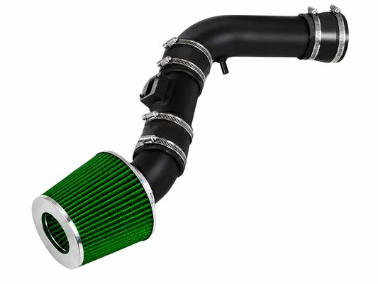 Rtunes Racing black cold air intake kit with a green conical air filter for 3.7L Chevy, GMC, and Hummer engines.