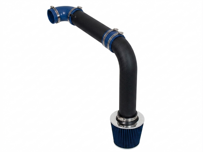 Black cold air intake pipe with blue silicone couplers and a blue conical air filter for 1995-2000 Avenger and Sebring.