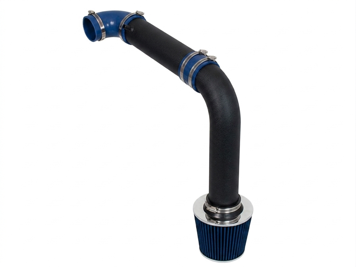 Black cold air intake pipe with blue silicone couplers and a blue conical air filter for 1995-2000 Avenger and Sebring.