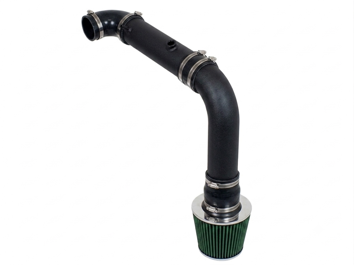 Black powder-coated cold air intake pipe with a green conical air filter for 1995-2000 Avenger and Sebring models.