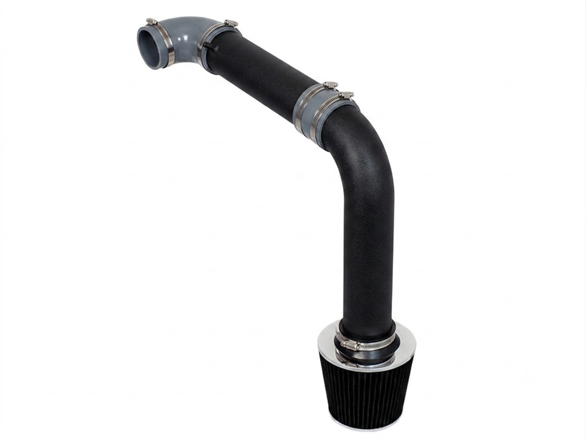 Black cold air intake pipe with grey silicone couplers and a conical air filter for 1995-2000 Avenger and Sebring.