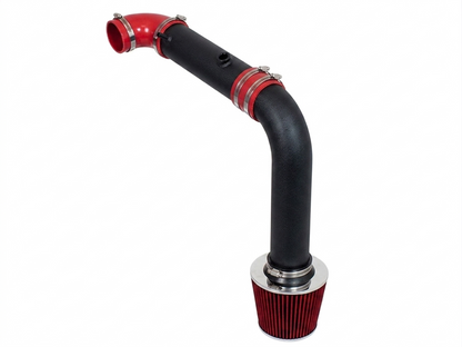 Rtunes Racing cold air intake with black powder-coated pipe, red silicone couplers, and a red conical air filter.