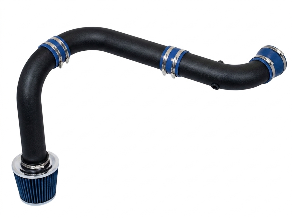 Black cold air intake pipe with blue silicone couplers and a matching blue conical air filter for Dodge Ram 1500.