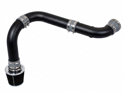 Black cold air intake kit with a conical air filter, metal piping, and grey silicone couplers for Dodge Ram 1500.