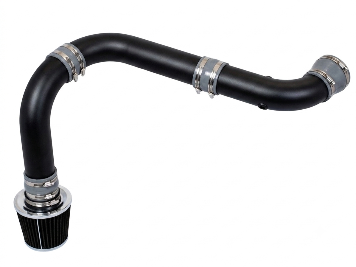 Black cold air intake kit with a conical air filter, metal piping, and grey silicone couplers for Dodge Ram 1500.