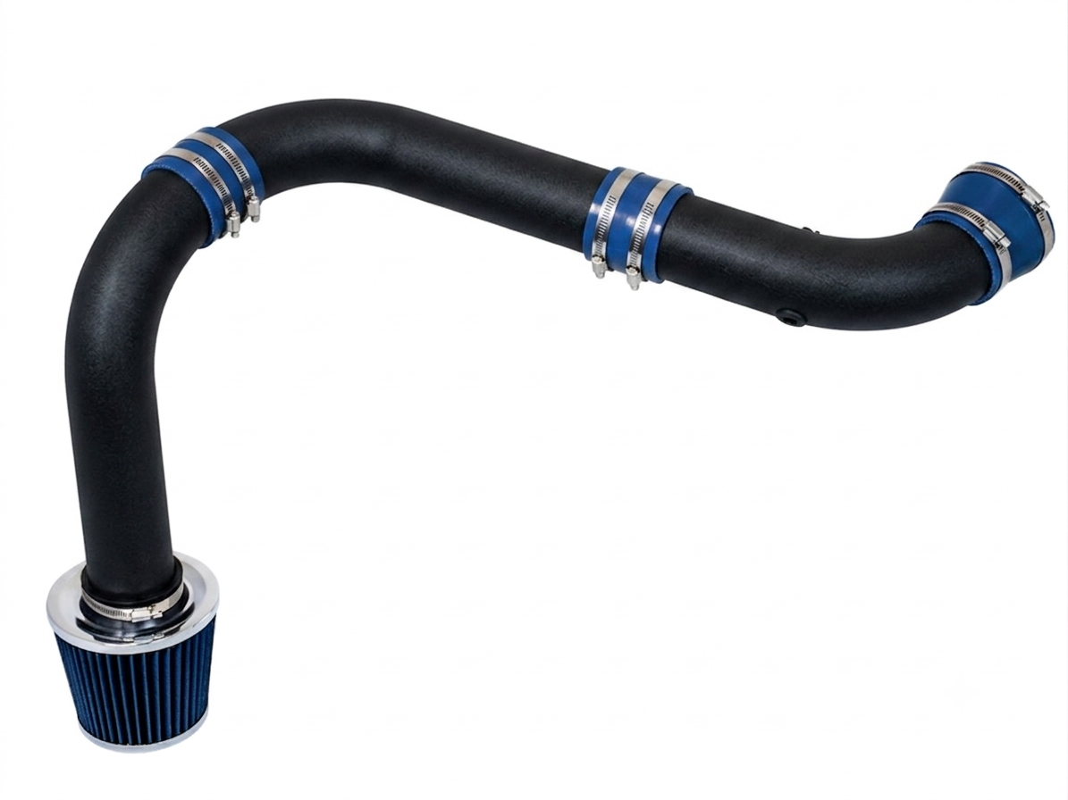 Black cold air intake pipe with blue silicone couplers and a blue cone air filter for 2003-2008 Dodge Ram 5.7L V8.