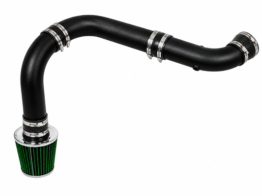 Black cold air intake pipe with a green cone filter and silver metal clamps for 2003-2008 Dodge Ram 5.7L V8 engines.