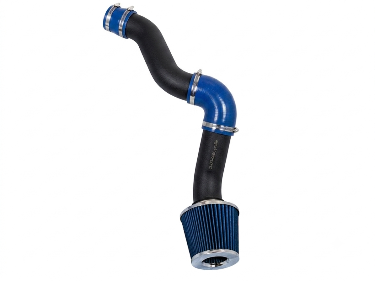 Black cold air intake pipe with blue silicone couplers and a matching blue conical air filter on white background.
