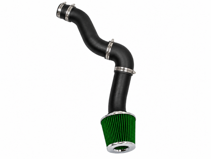 Black cold air intake pipe with a green conical air filter and silver metal clamps for 3.5L V6 engines.