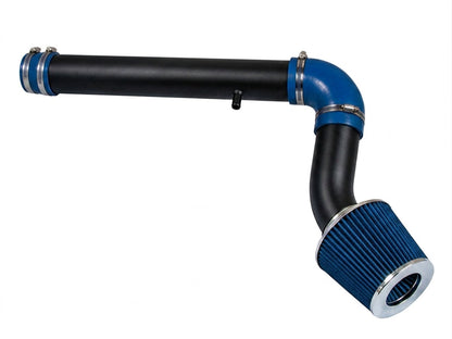 Rtunes Racing black cold air intake kit with blue silicone coupler and blue conical air filter for 2.7L V6 engines.