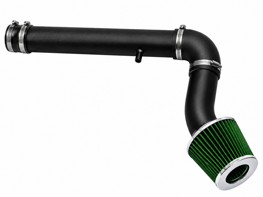 Black cold air intake kit with a green conical air filter and chrome clamps for 2.7L Dodge and Chrysler vehicles.