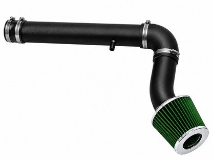 Black cold air intake kit with a green conical air filter and chrome clamps for 2.7L Dodge and Chrysler vehicles.