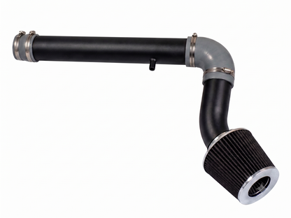 Black cold air intake kit with grey silicone coupler, metal clamps, and a conical air filter for 2.7L V6 engines.