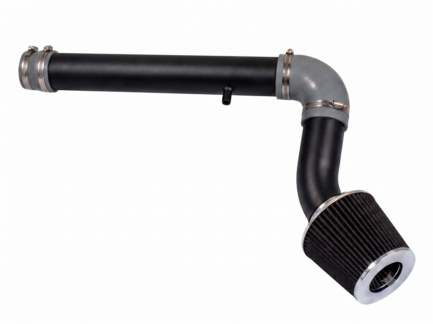 Black cold air intake kit with grey silicone coupler, metal clamps, and a conical air filter for 2.7L V6 engines.
