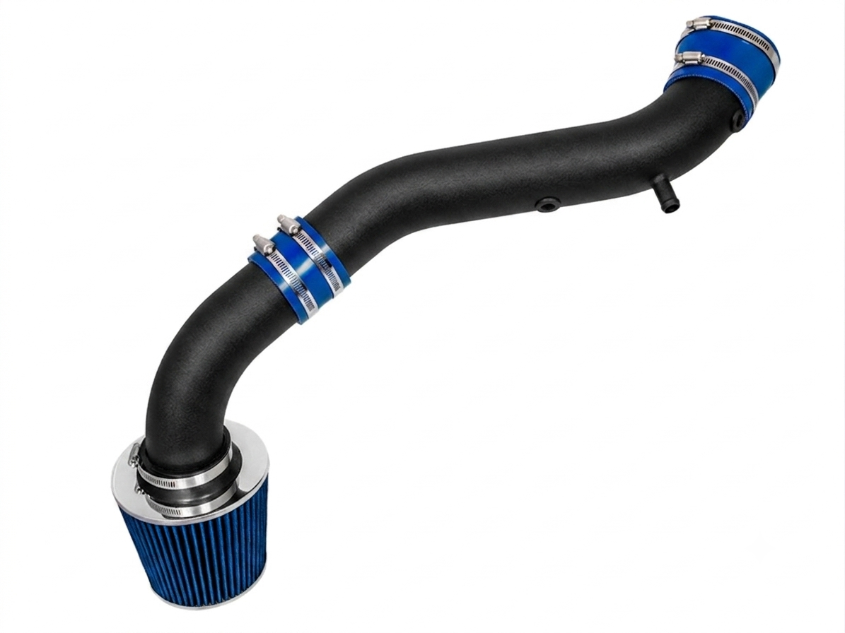 Black cold air intake tube with blue silicone couplers, metal clamps, and a blue performance air filter.