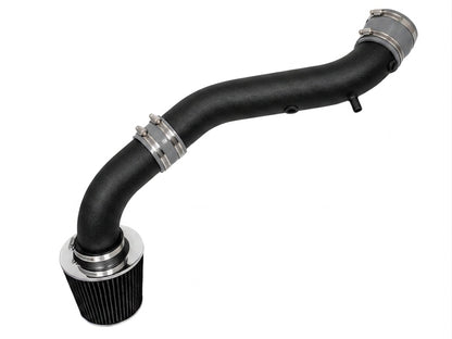 Matte black cold air intake pipe with a conical air filter and silver metal couplers for 2004-2009 Dodge Durango.