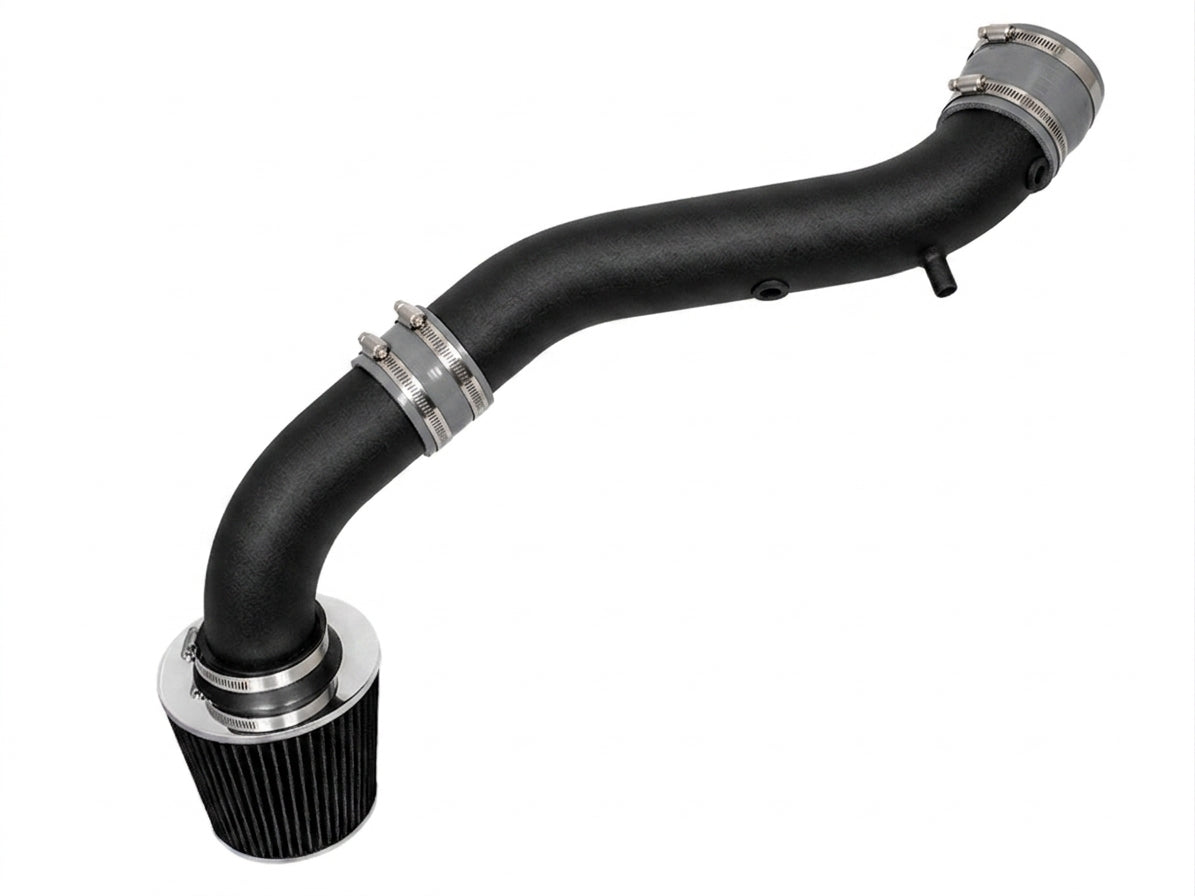 Matte black cold air intake pipe with a conical air filter and silver metal couplers for 2004-2009 Dodge Durango.