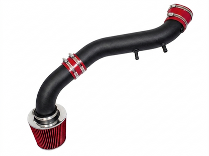Rtunes Racing cold air intake with black powder-coated pipe, red cone filter, and red silicone couplers for Dodge Durango.